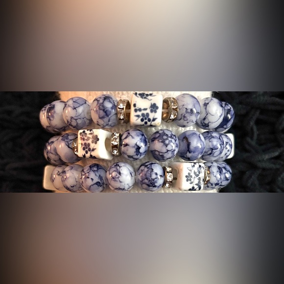 3 Bracelets w/ Ceramic Blue Floral Cubes & Blue Spot Jasper Beads NEW Retail$125 - Picture 2 of 8